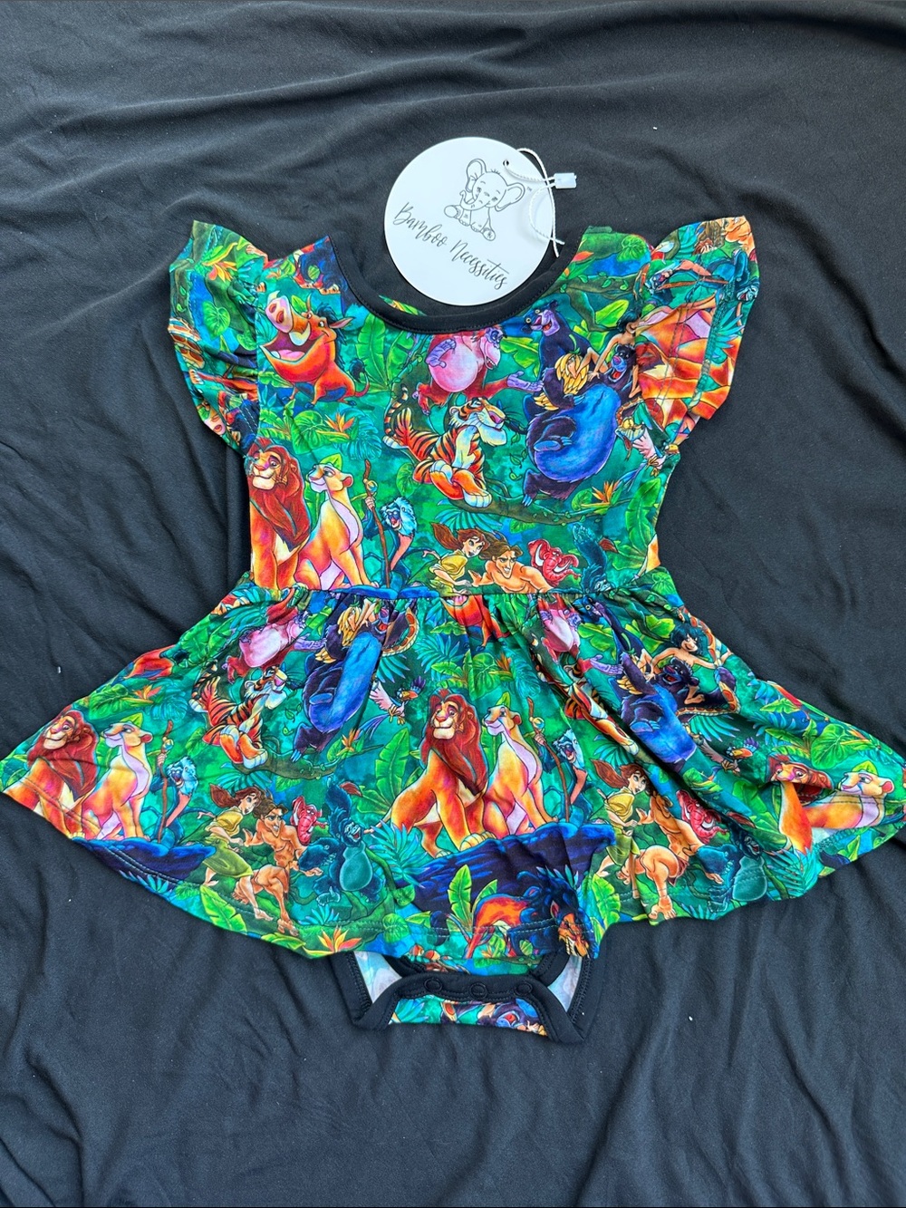 Girls' Green Themed Lion Print One-Piece Bamboo With Bow Back Bodysuit Twirl
